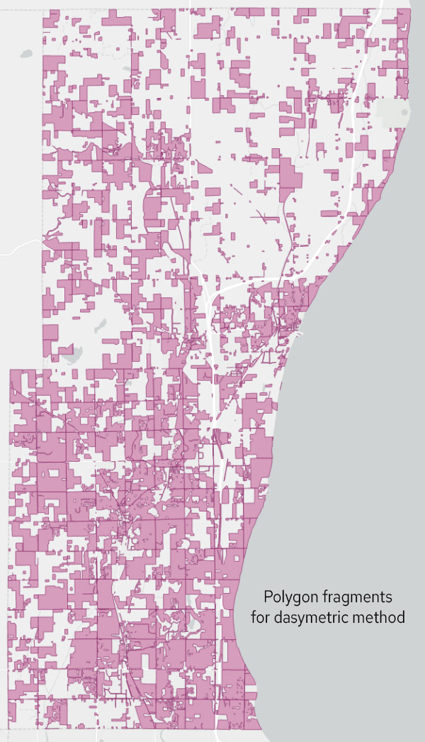 Polygon fragments resulting from the dasymetric method, with no people areas removed.