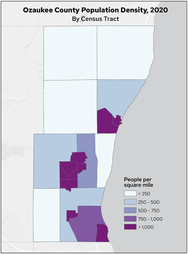Map 1. Ozaukee County Population Density, 2020, by Census Tract