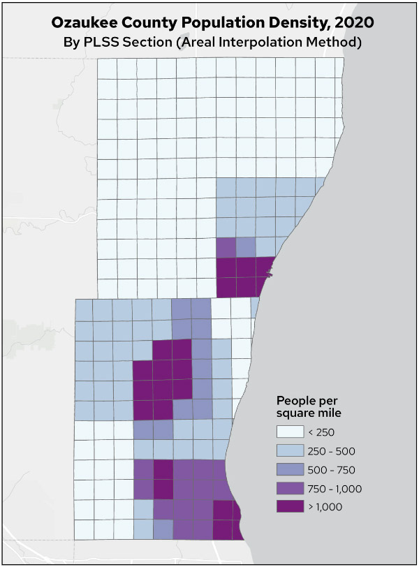 Map 2. Ozaukee County Population Density, 2020, by PLSS Section (Areal Interpolation Method)