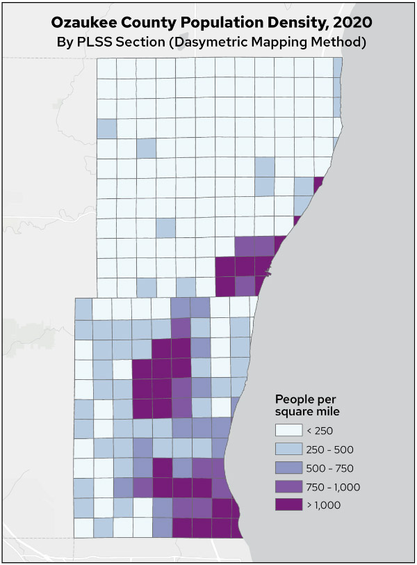 Map 3. Ozaukee County Population Density, 2020, by PLSS Section (Dasymetric Mapping Method)