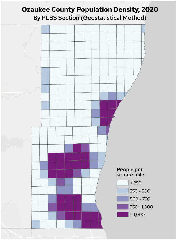Map 4. Ozaukee County Population Density, 2020, by PLSS Section (Geostatistical Method)