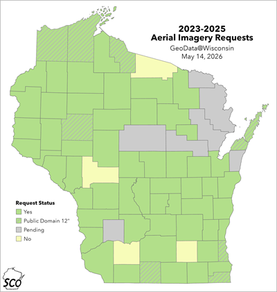 Map showing status of imagery requests by State Cartographer's Office to county governments in Wisconsin.